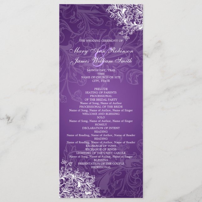 Elegantes Hochzeitsprogramm Vintage-Schwünge Lila Programm (Vorderseite)