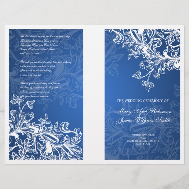 Elegantes Hochzeitsprogramm Vintage Wirbel Blau (Vorderseite)