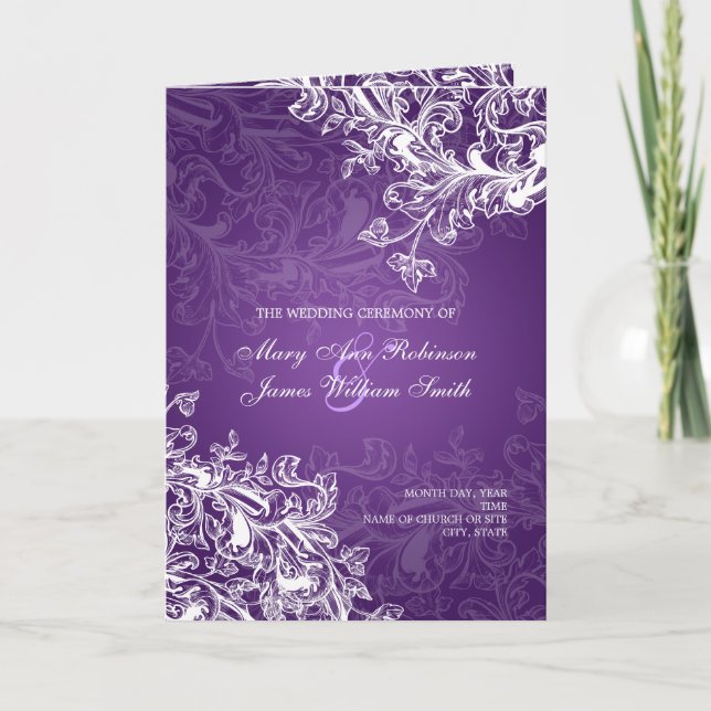 Elegantes Hochzeitsprogramm Vintage Wirbel Lila Programm (Vorderseite)