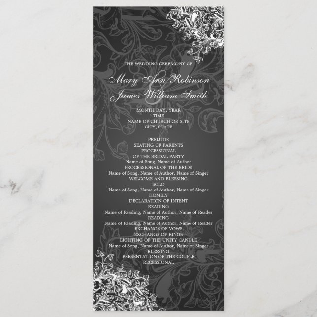 Elegantes Hochzeitsprogramm Vintage Wirbel Schwarz Programm (Vorderseite)
