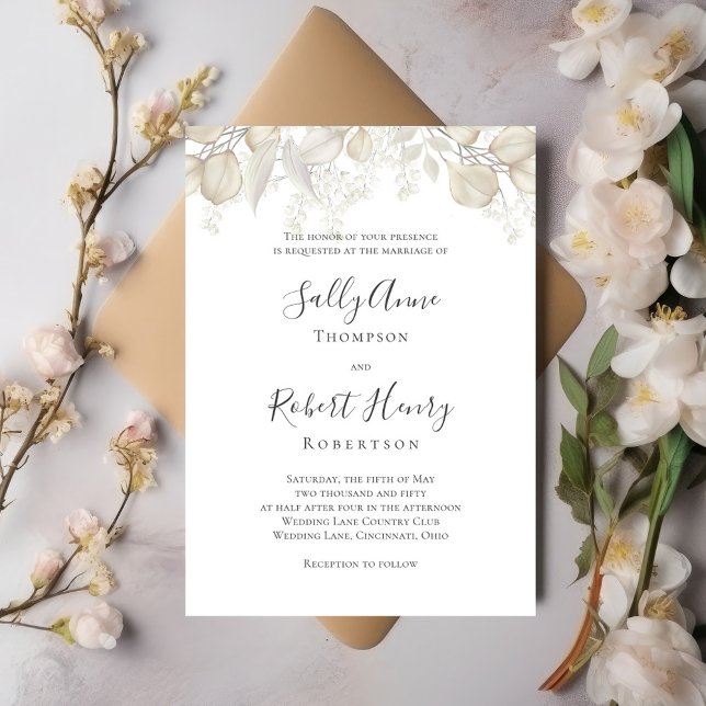 Elegantes Hochzeitssage, Grünes Blatt Einladung (Simple and elegant sage green and cream foliage wedding invitation.)
