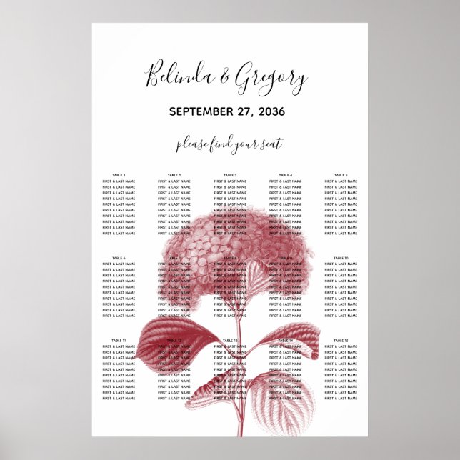 Elegantes Hochzeitssatch für Burgundy Hydrangea Poster (Vorne)