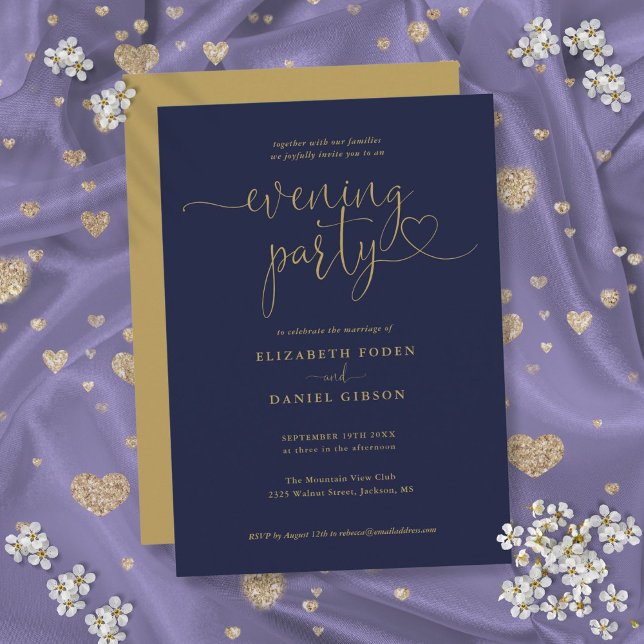 Elegantes Hochzeitsskript-Abend-Party Einladung (Elegant Navy And Gold Script Wedding Evening Party Invitation)
