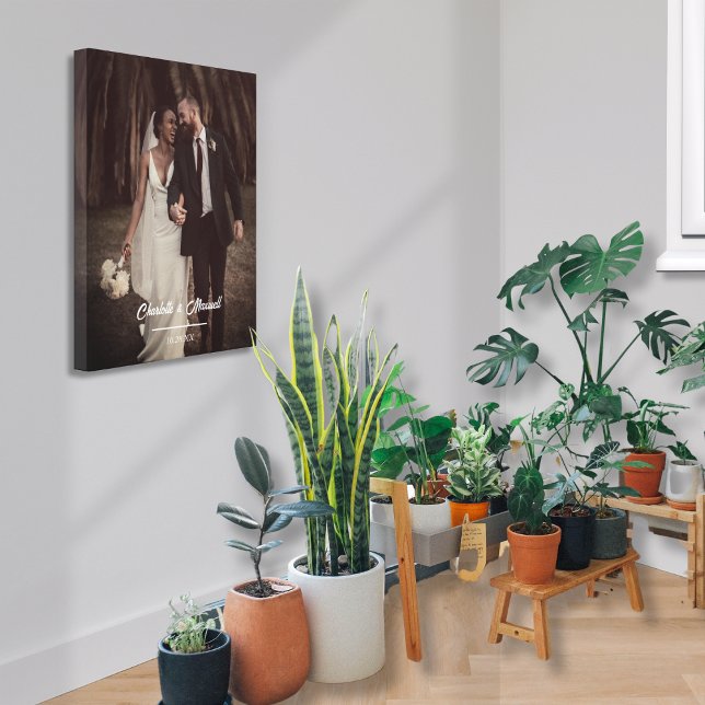 Elegantes Hochzeitsskript-Foto mit Namen und Datum Leinwanddruck (Beautiful Romantic Rustic Wedding Photo with Couple's Names & Wedding Date Anniversary Gift)