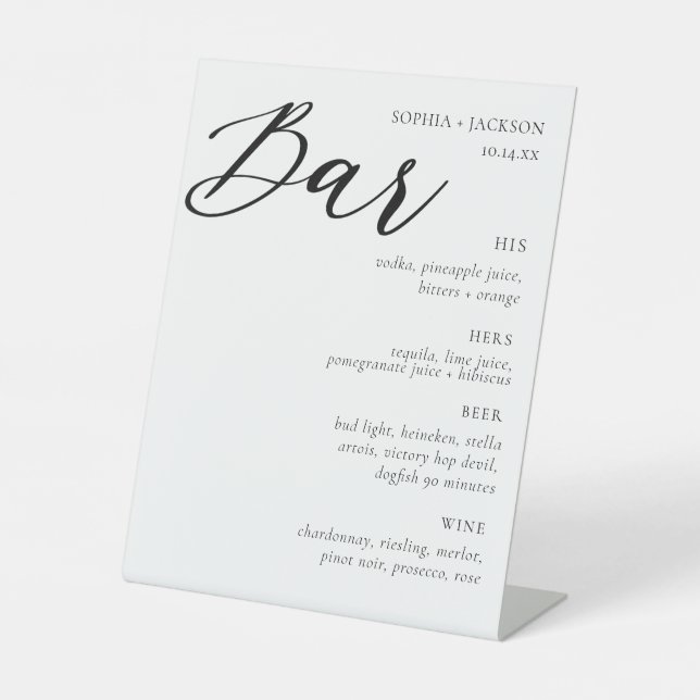 Elegantes Hochzeitsstift Bar Signature Drink Sign Sockelschild (Vorderseite)