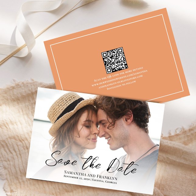 Elegantes Hochzeitsstift Foto Einfache Pfirsich Save The Date (Wedding save the date photo card with peach background. )
