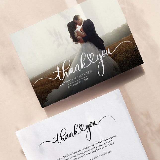 Elegantes Hochzeitstag Foto Kalligraphie Vielen Da Mitteilungskarte (Wedding Day Couples Photo Thank You Card)