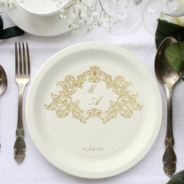 Elegantes Hochzeitstil für Elfenbein und Gold Pappteller (Elegant ivory and gold vintage monogram wedding template paper plates personalized tableware decor)