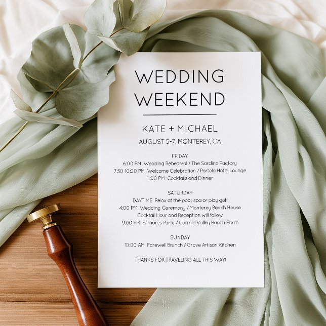 Elegantes Hochzeitstreffen - Einladung (Minimalist Black and White Wedding Weekend Itinerary)