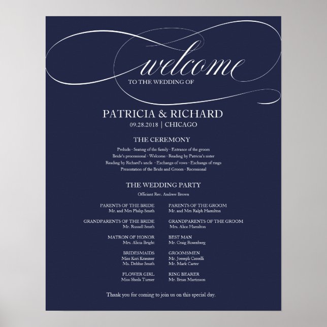Elegantes Hochzeitszeremonie-Programm Navyblau Poster (Vorne)
