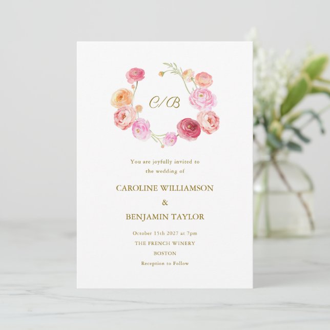Elegantes Hochzeitwasser Ranunculus Floral Pink Einladung (Stehend Vorderseite)