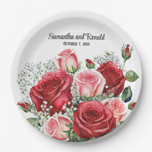 Elegantes Hochzeitwasser Rot und Rosa Rosen Pappteller