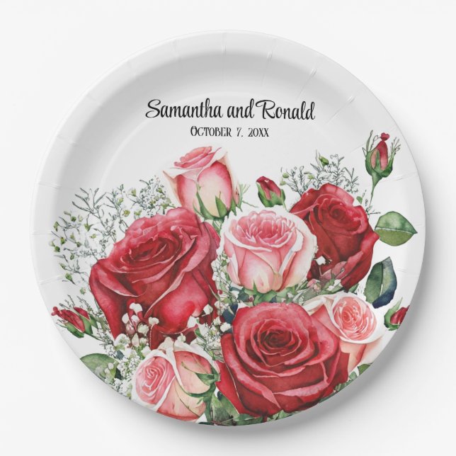 Elegantes Hochzeitwasser Rot und Rosa Rosen Pappteller (Vorderseite)