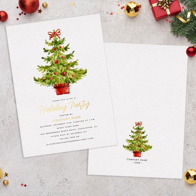 Elegantes Holiday Tree Company Party Real Gold Folieneinladung (Elegant Holiday Tree Company Party Real Gold Foil Invitation)