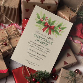 Elegantes Holly & Red Bow Weihnachtsessen - Einladung
