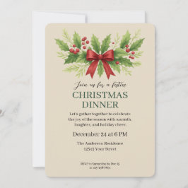 Elegantes Holly & Red Bow Weihnachtsessen - Einladung