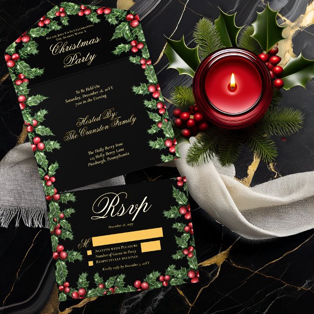 Elegantes Holly und Berries Rahmen Weihnachtsfest  All-in-One-Einladung (Elegant Holly and Berries Frame Christmas Party All in One Invitation - Black Background)