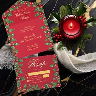 Elegantes Holly und Berries Rahmen Weihnachtsfest All-in-One-Einladung