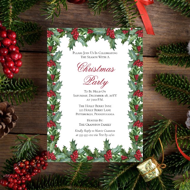 Elegantes Holly und Berries Rahmen Weihnachtsfest  Einladung (Elegant Holly and Berries Frame Christmas Holiday Party  Invitation (berry red back))