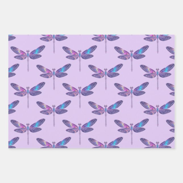 Elegantes Holographic Dragonfly Wrapping Paper Geschenkpapier Set (Vorderseite)