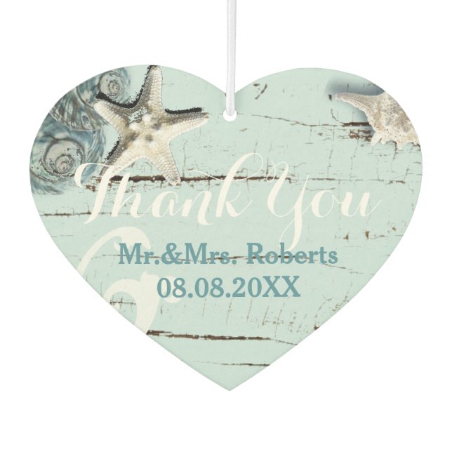 Elegantes Holz BLue Seashells Beach Wedding Autolufterfrischer (Vorderseite)