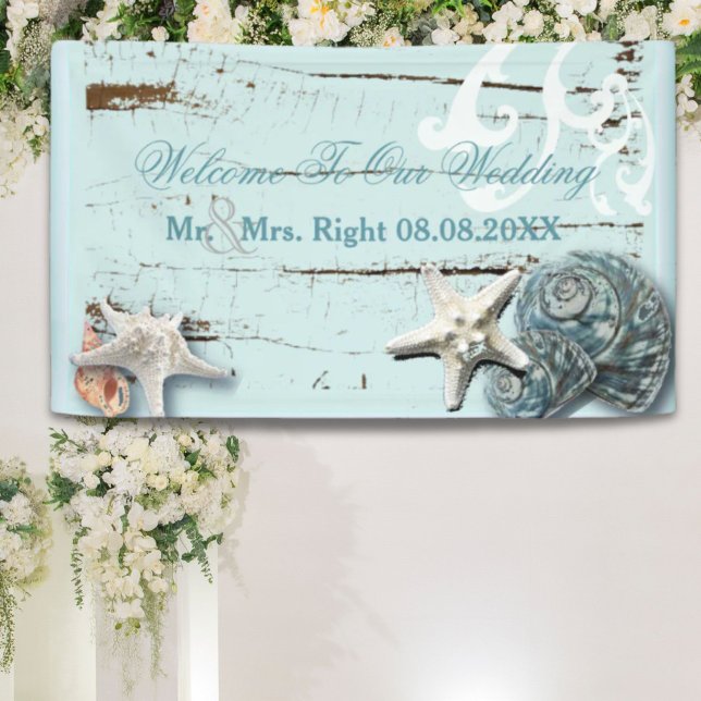 Elegantes Holz BLue Seashells Beach Wedding Banner (Elegant wood BLue Seashells Beach Wedding Banner)