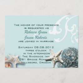 Elegantes Holz BLue Seashells Beach Wedding Einladung