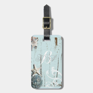 Elegantes Holz BLue Seashells Beach Wedding Gepäckanhänger