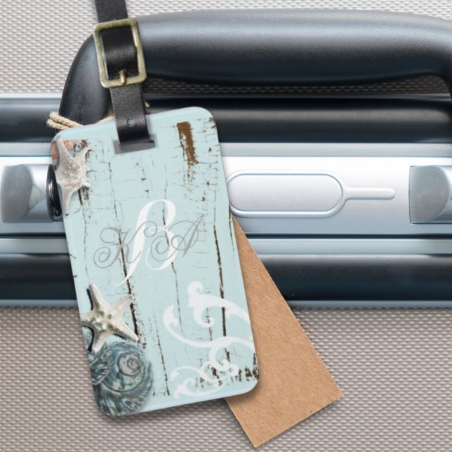 Elegantes Holz BLue Seashells Beach Wedding Gepäckanhänger (Elegant wood BLue Seashells Beach Wedding Luggage Tag)