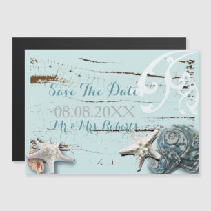 Elegantes Holz BLue Seashells Beach Wedding Magneteinladung
