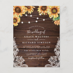 Elegantes Holz, Sonnenblumen, Lichter und Hochzeit Einladungspostkarte
