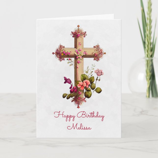 Elegantes Holzkreuz mit rosa Blume Geburtstag Karte (Vorderseite)