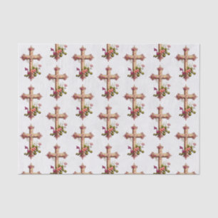 Elegantes Holzkreuz mit rosa Blume Gemustert Seidenpapier