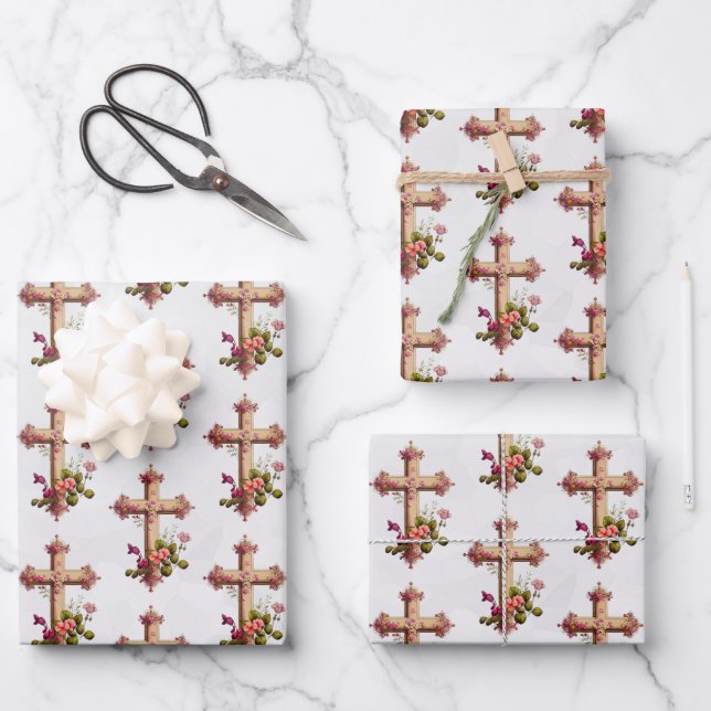 Elegantes Holzkreuz mit rosa Blume Geschenkpapier Set (Vorderseite)