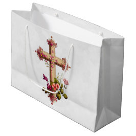 Elegantes Holzkreuz mit rosa Blume Große Geschenktüte