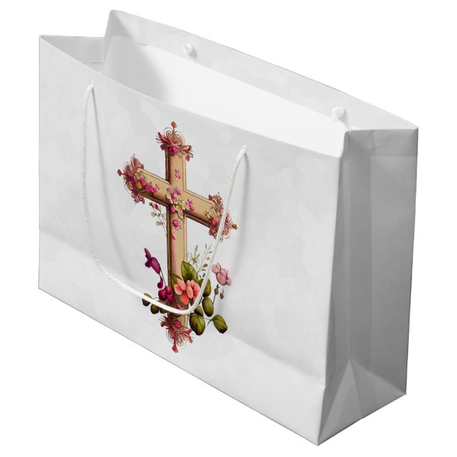 Elegantes Holzkreuz mit rosa Blume Große Geschenktüte (Vorderseite Schrägansicht)