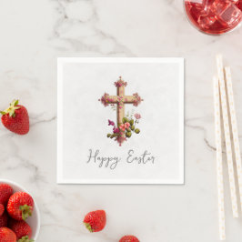 Elegantes Holzkreuz mit rosa Blume Ostern Serviette