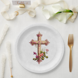 Elegantes Holzkreuz mit rosa Blume Pappteller