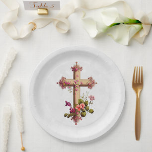 Elegantes Holzkreuz mit rosa Blume Pappteller