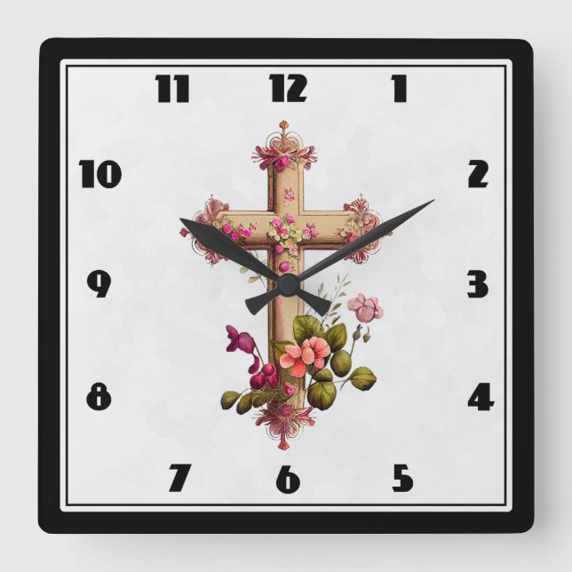 Elegantes Holzkreuz mit rosa Blume Quadratische Wanduhr (Vorderseite)