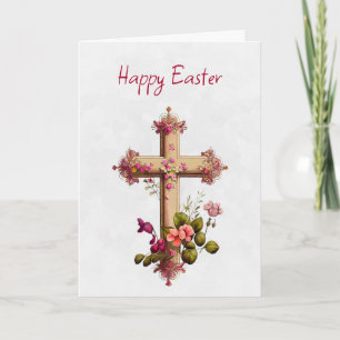 Elegantes Holzkreuz mit rosa Blumen Ostern Karte