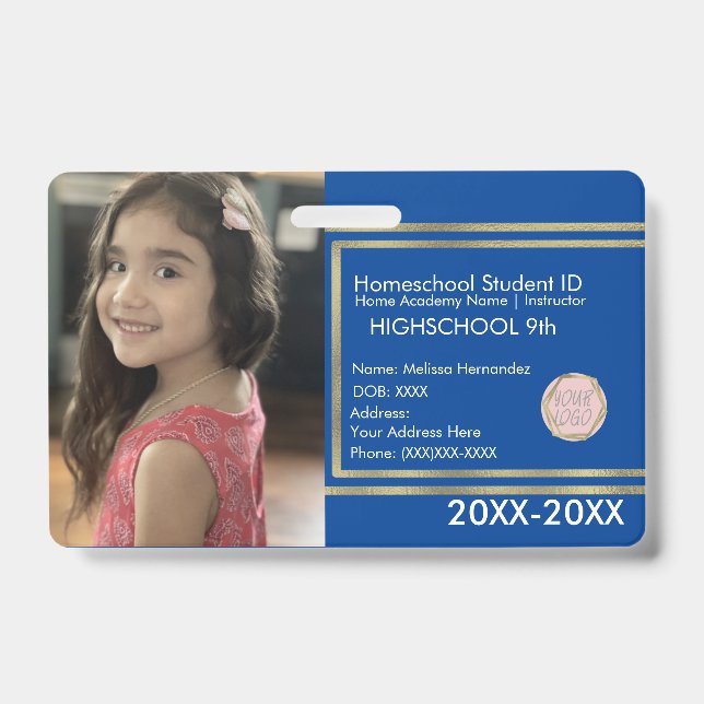 Elegantes Homeschooling School ID Blue Gold Logo Ausweis (Vorderseite)