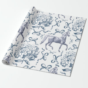 Elegantes Horse Hydrangea Bows Dusty Blue Toile Geschenkpapier