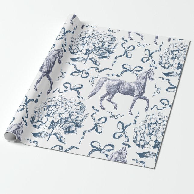 Elegantes Horse Hydrangea Bows Dusty Blue Toile Geschenkpapier (Ungerollt)