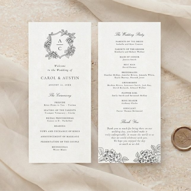 Elegantes Hortensien-Wappen-Hochzeitsprogramm Programm (Von Creator hochgeladen)