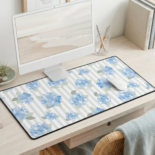 Elegantes Hortensienmuster Blaue Streifen Grau Schreibtischunterlage