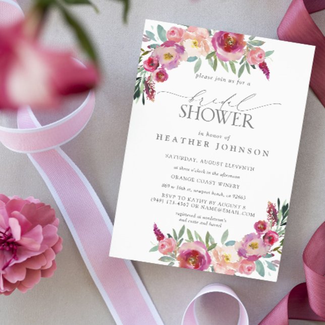 Elegantes Hot Pink Blume Wasserfarben Brautparty Einladung (Bridal Shower Invitation!)