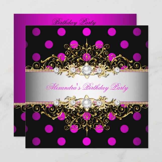 Elegantes Hot Pink Gold Black Polka Dot Party Einladung (Vorne/Hinten)