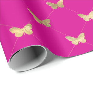 Elegantes Hot Pink Gold Butterfly Muster  Geschenkpapier
