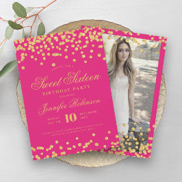 Elegantes Hot Pink Gold Confetti Foto Sweet 16 Einladung